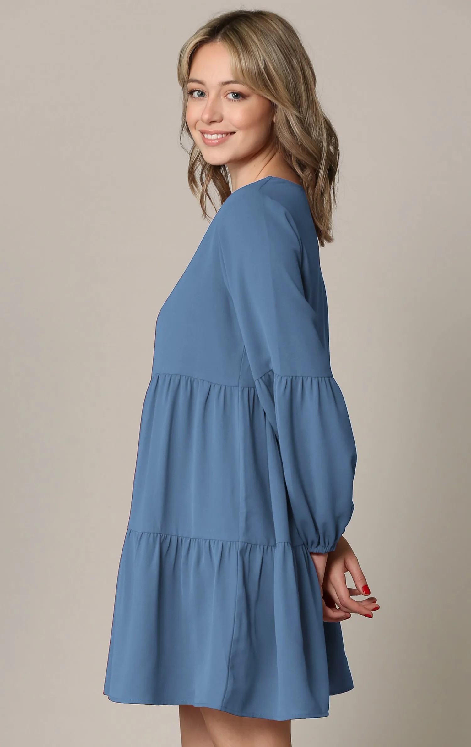 Made By Johnny Casual Flowy Swing Shift Long Sleeve Tiered Dress