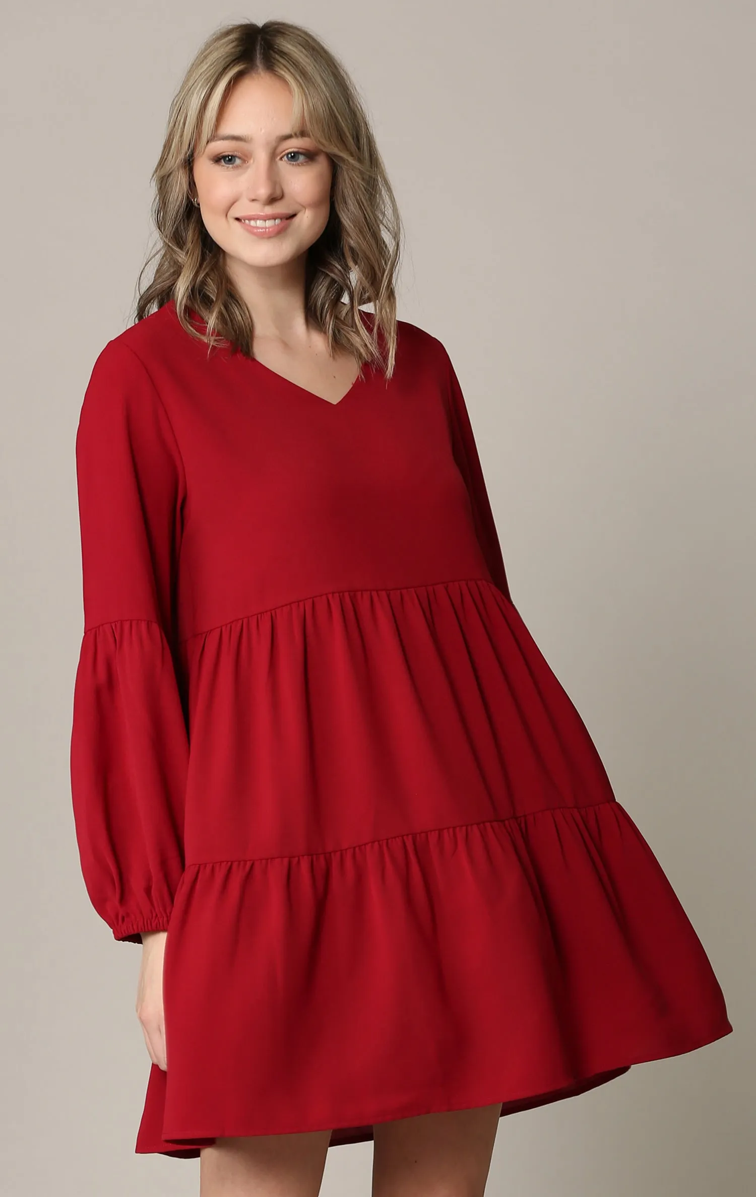 Made By Johnny Casual Flowy Swing Shift Long Sleeve Tiered Dress