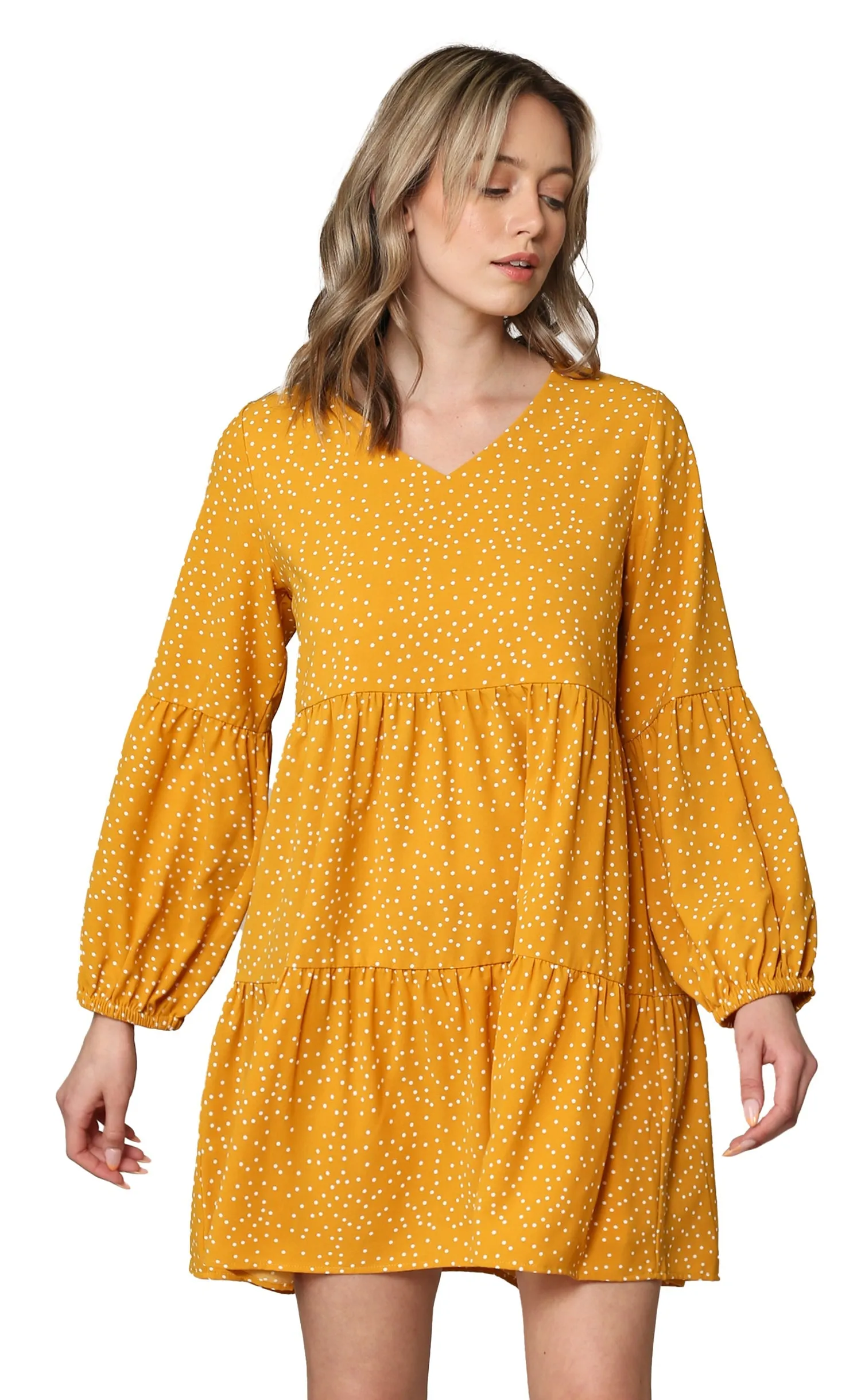 Made By Johnny Casual Flowy Swing Shift Long Sleeve Tiered Dress