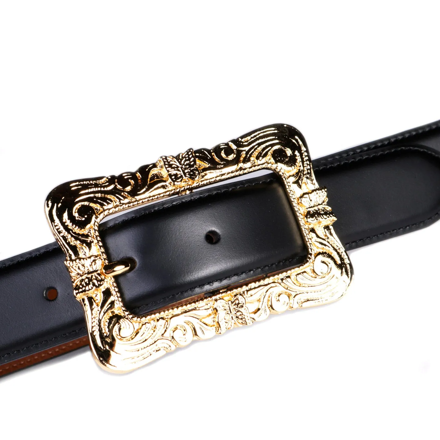 NEEDLES PAPILLON SQUARE BUCKLE BELT BLACK LEATHER