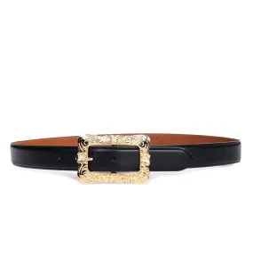 NEEDLES PAPILLON SQUARE BUCKLE BELT BLACK LEATHER