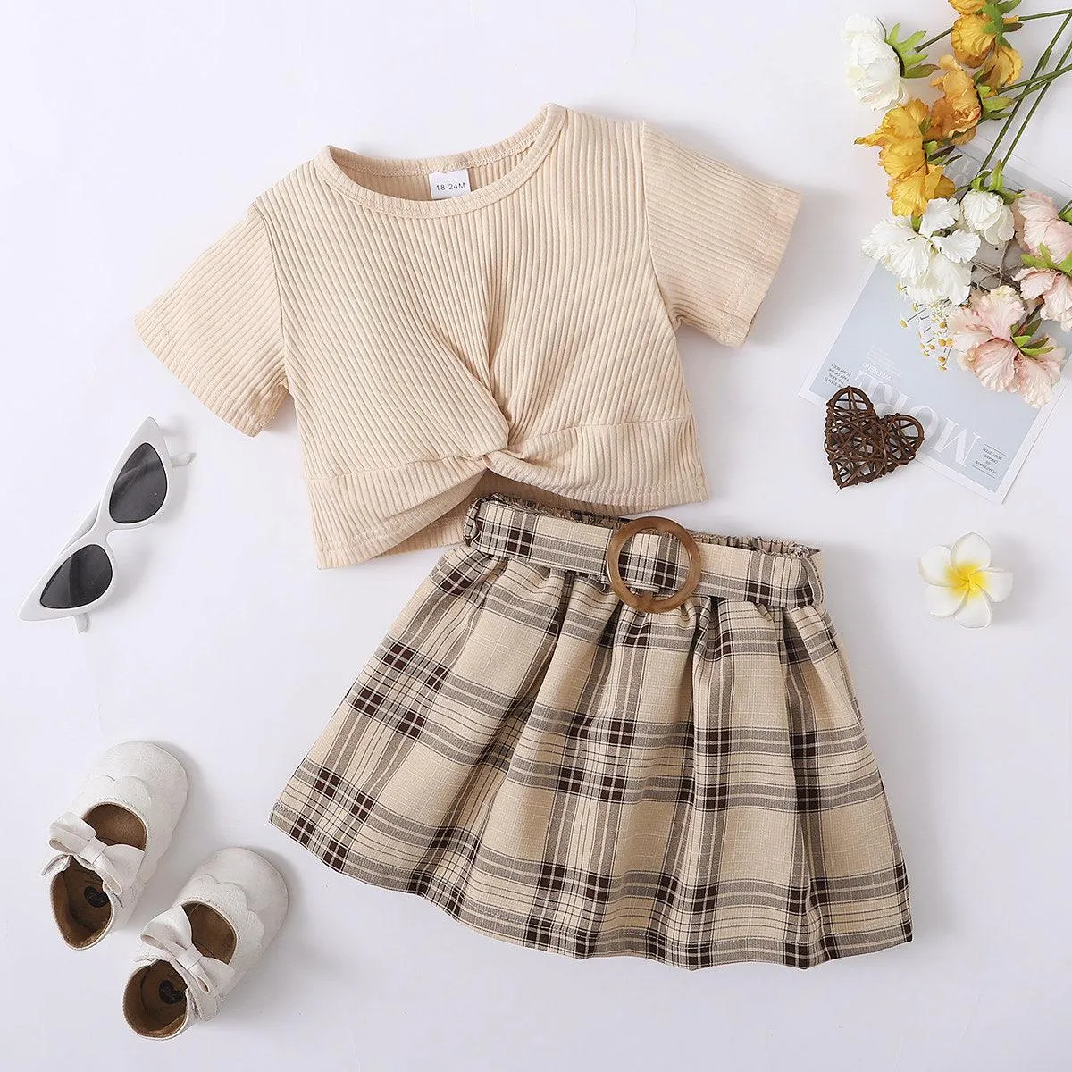 New Popular Apricot Short-sleeved Plaid Skirt Two-piece Suit Skirt