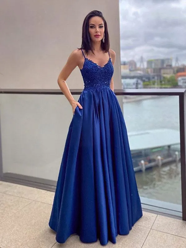 New Royal Blue Wedding Dress With Train Zipper Sleeveless Natural Waist Satin Fabric A-Line Long Bridal Gowns