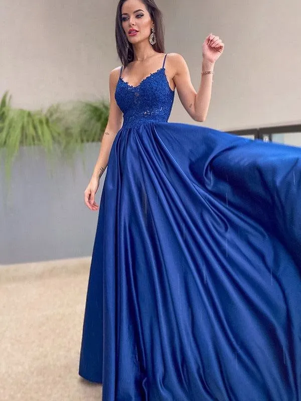 New Royal Blue Wedding Dress With Train Zipper Sleeveless Natural Waist Satin Fabric A-Line Long Bridal Gowns