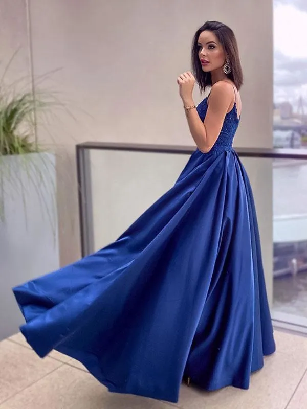 New Royal Blue Wedding Dress With Train Zipper Sleeveless Natural Waist Satin Fabric A-Line Long Bridal Gowns