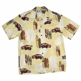 Old Hawaiian Retro Print with Surf Board and Classic Car - Cream