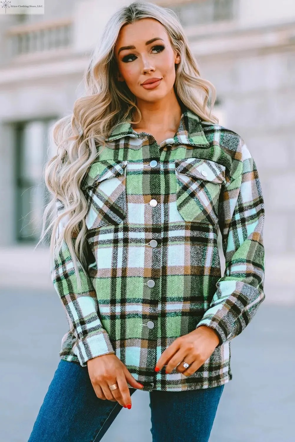 Plaid Long-sleeve Shirt Khaki with Pockets