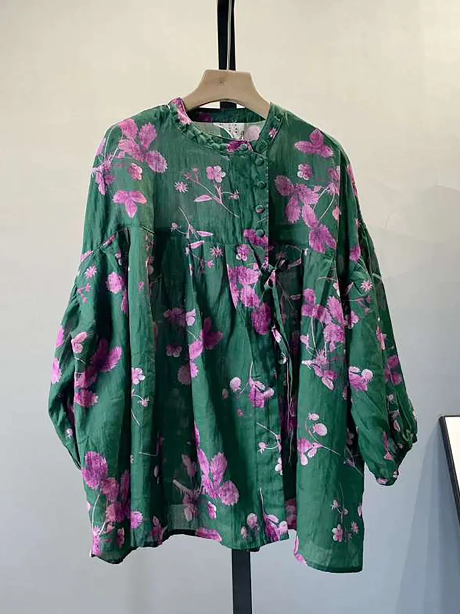 Plus Size Summer Vintage Flower Button Drawstring Ramie Shirt