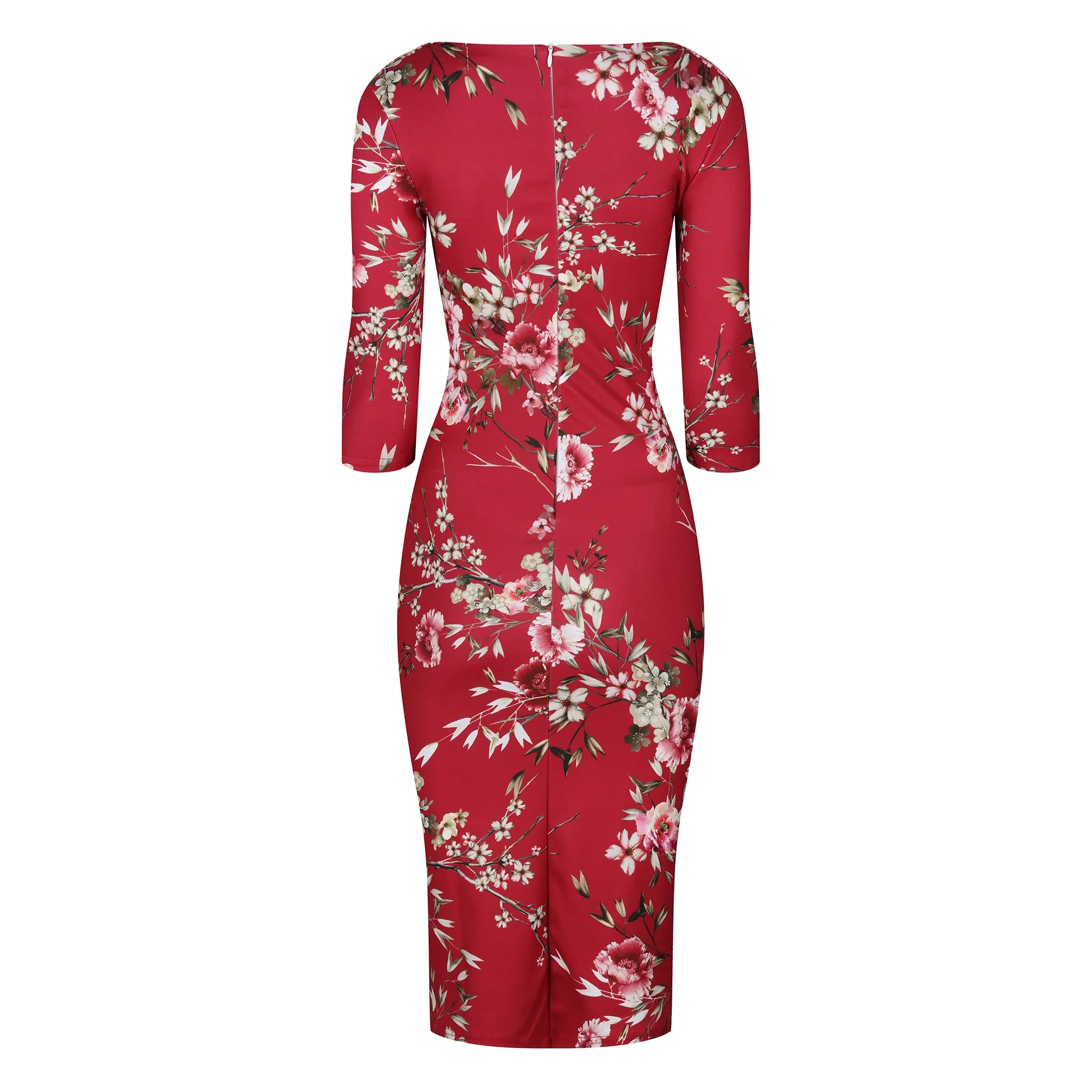 Red Floral 3/4 Sleeve Bodycon Pencil Wiggle Dress