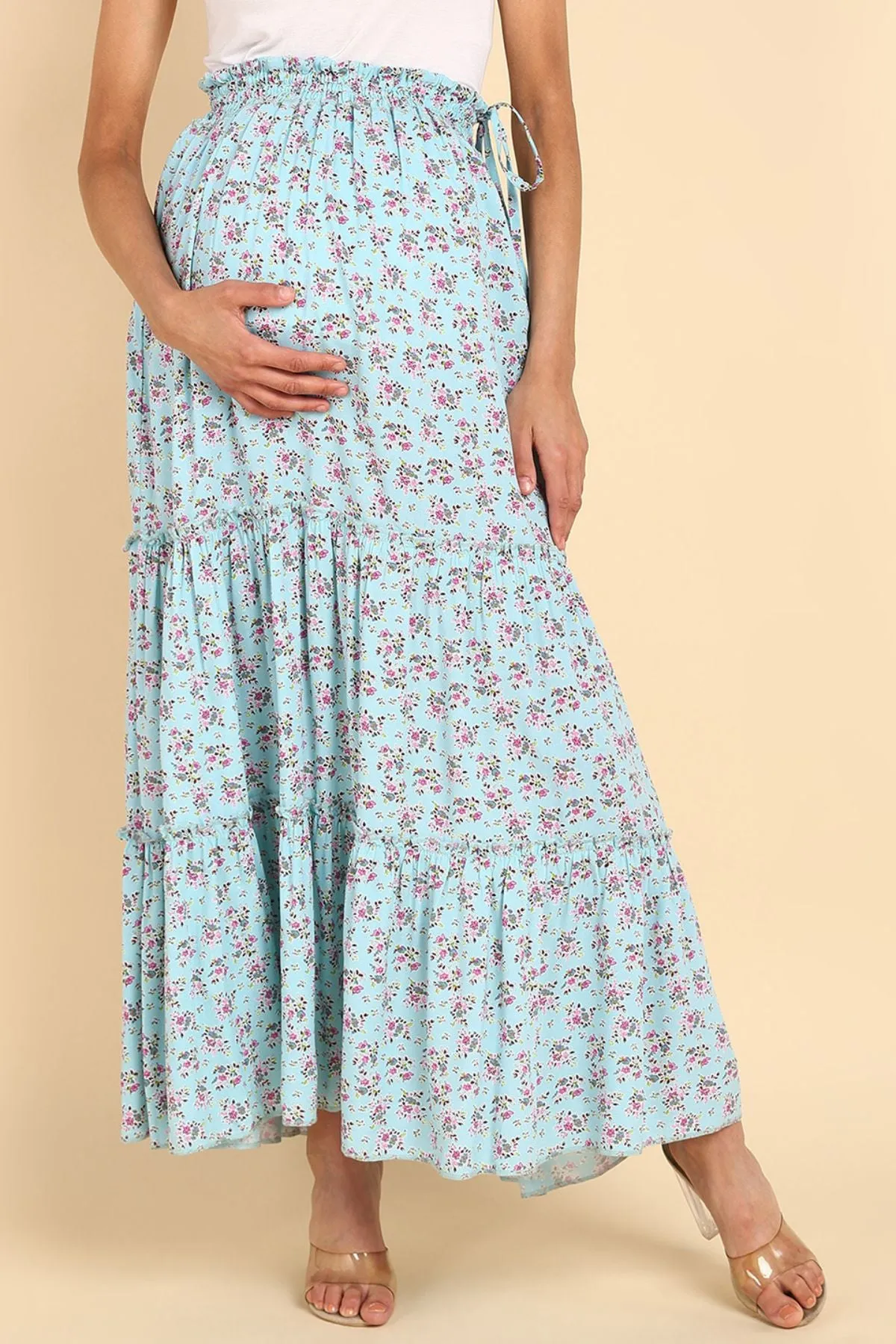 Romantic Print Tiered Pregnancy & Maternity Skirt with Smocked Waistband & Pockets