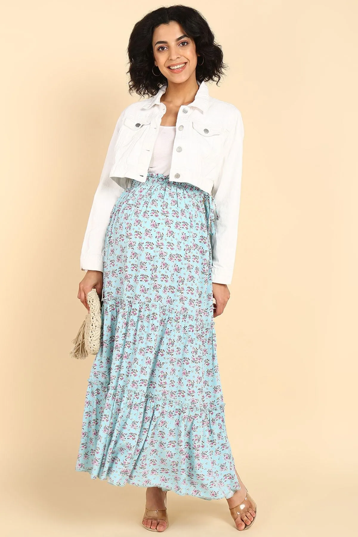 Romantic Print Tiered Pregnancy & Maternity Skirt with Smocked Waistband & Pockets