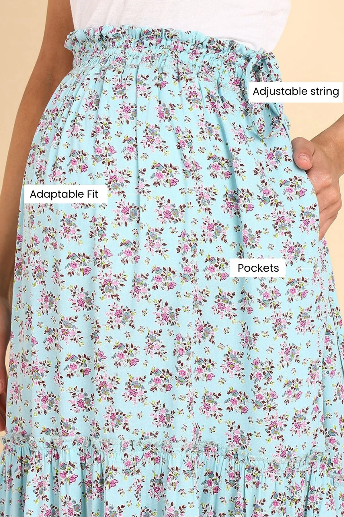 Romantic Print Tiered Pregnancy & Maternity Skirt with Smocked Waistband & Pockets