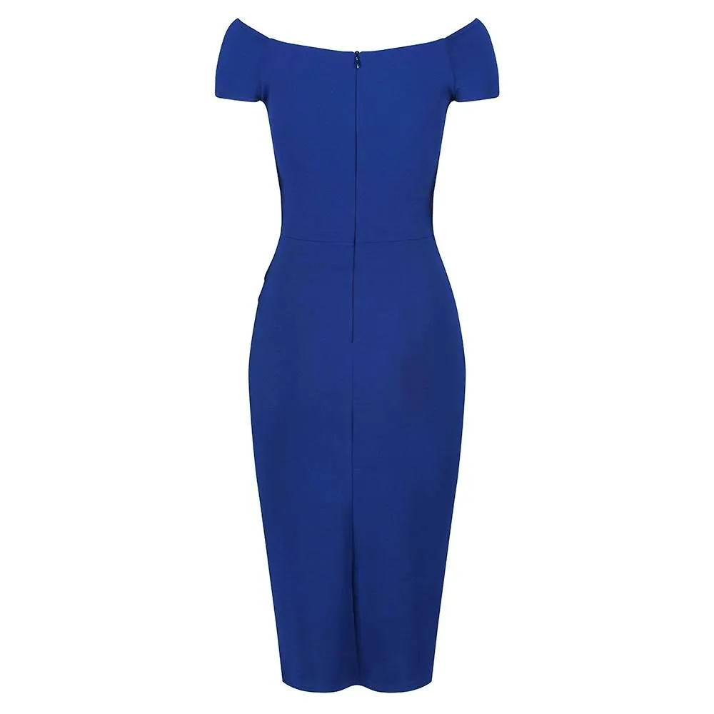 Royal Blue Cap Sleeve Crossover Top Bardot Wiggle Pencil Dress