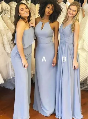 Sheath Jewel Sweep Train Blue Chiffon Bridesmaid Dress