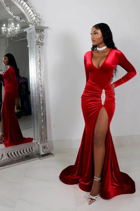 Simple Long Sleeve Red Prom Dress with High Slit and Pleated