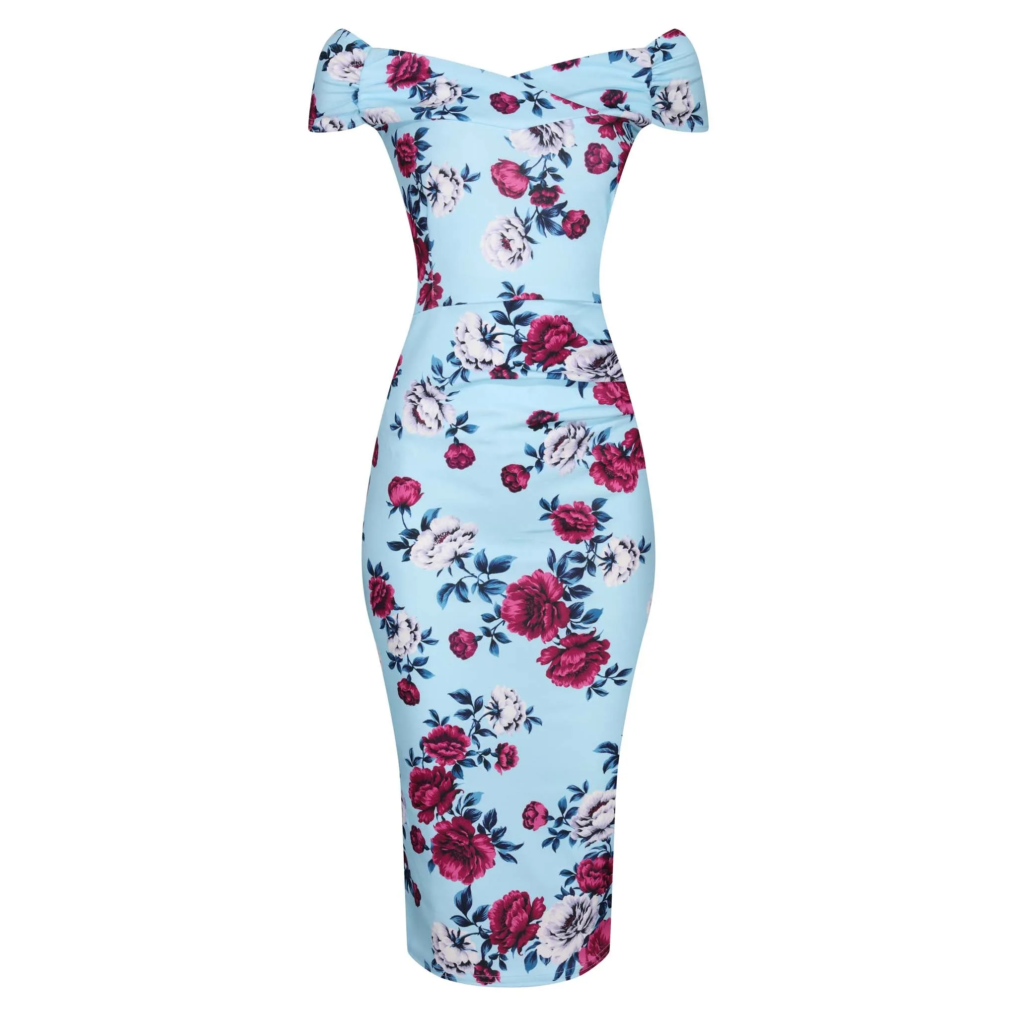 Sky Blue Floral Cap Sleeve Crossover Top Bardot Wiggle Pencil Dress