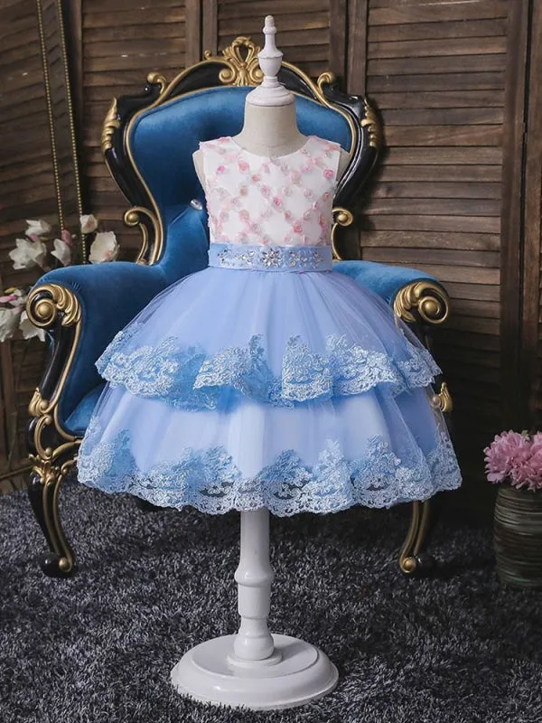 Sleeveless Tulle Embroidered Kids Party Dresses Light Blue Flower Girl Dresses