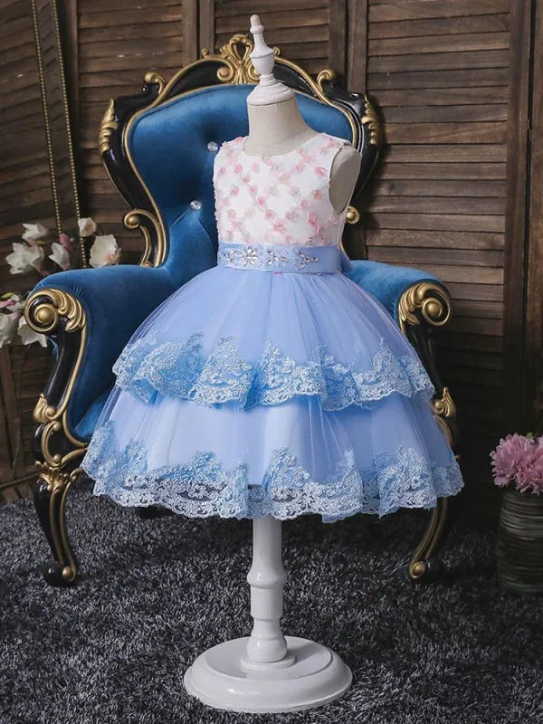 Sleeveless Tulle Embroidered Kids Party Dresses Light Blue Flower Girl Dresses