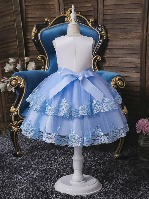 Sleeveless Tulle Embroidered Kids Party Dresses Light Blue Flower Girl Dresses