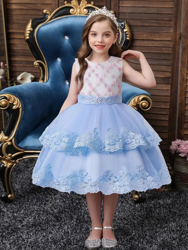 Sleeveless Tulle Embroidered Kids Party Dresses Light Blue Flower Girl Dresses