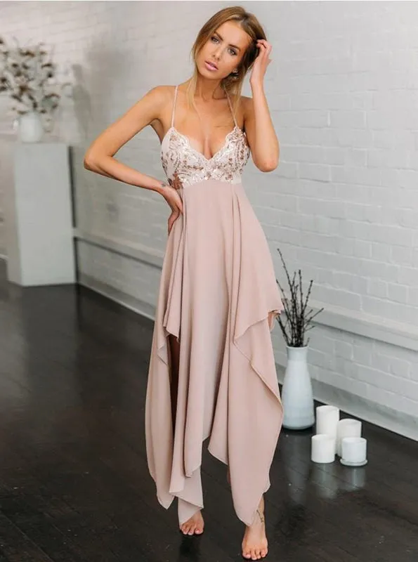 Spaghetti Straps Asymmetry Pink Bridesmaid Dress