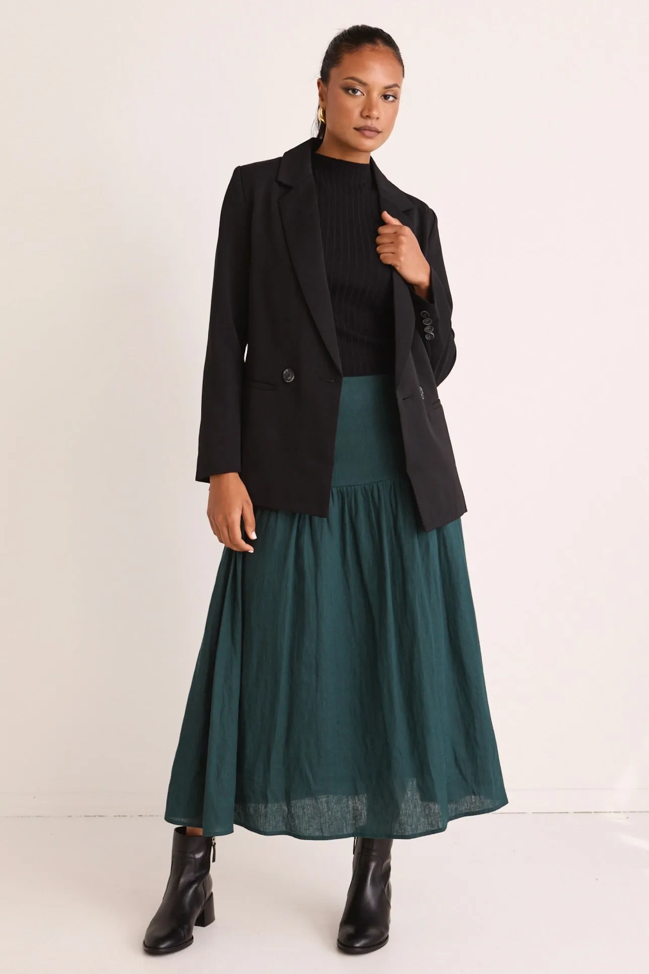 Sway Forest Linen Flat Basque Midi Skirt