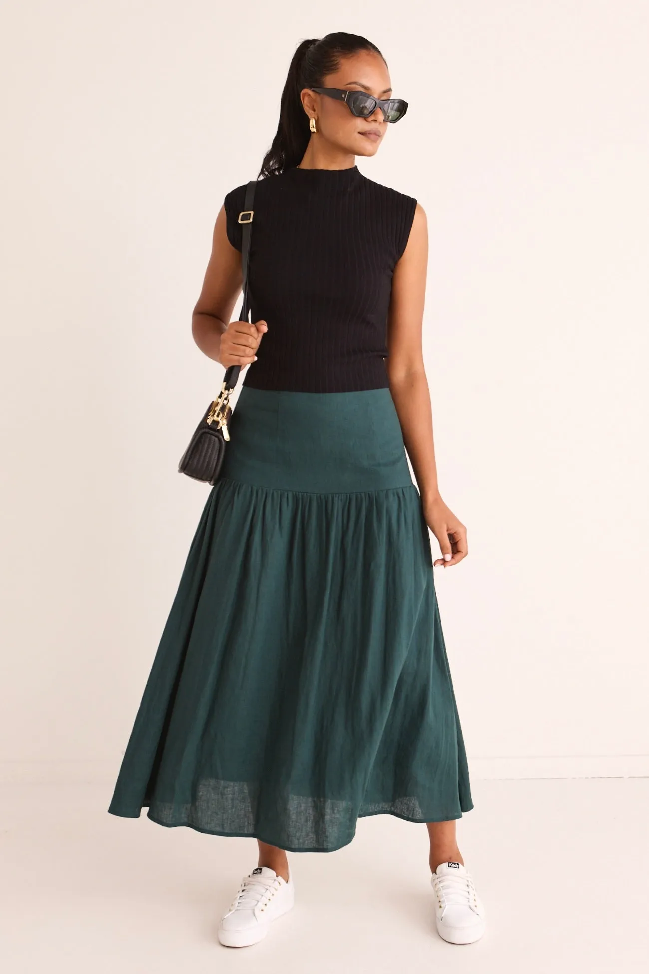 Sway Forest Linen Flat Basque Midi Skirt