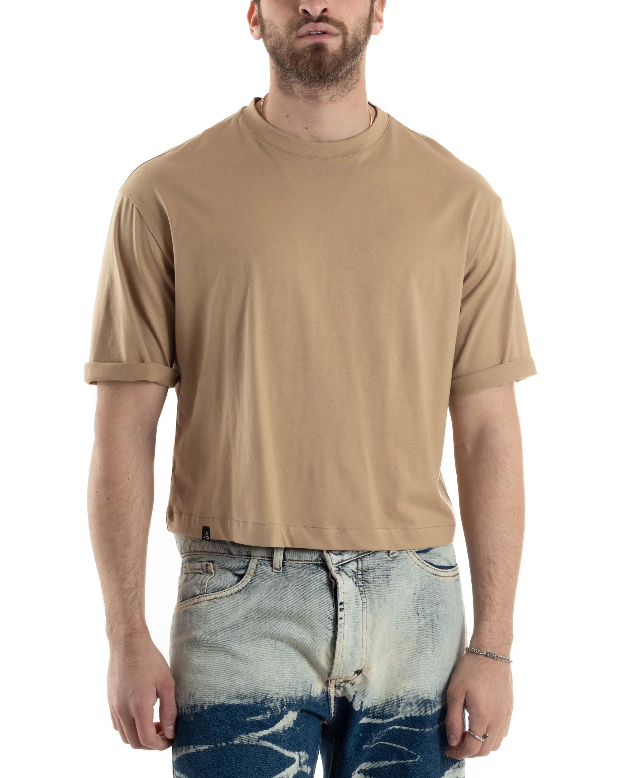 T-shirt Uomo Cropped Corta Boxy Fit Tinta Unita Camel Casual GIOSAL-TS3009A