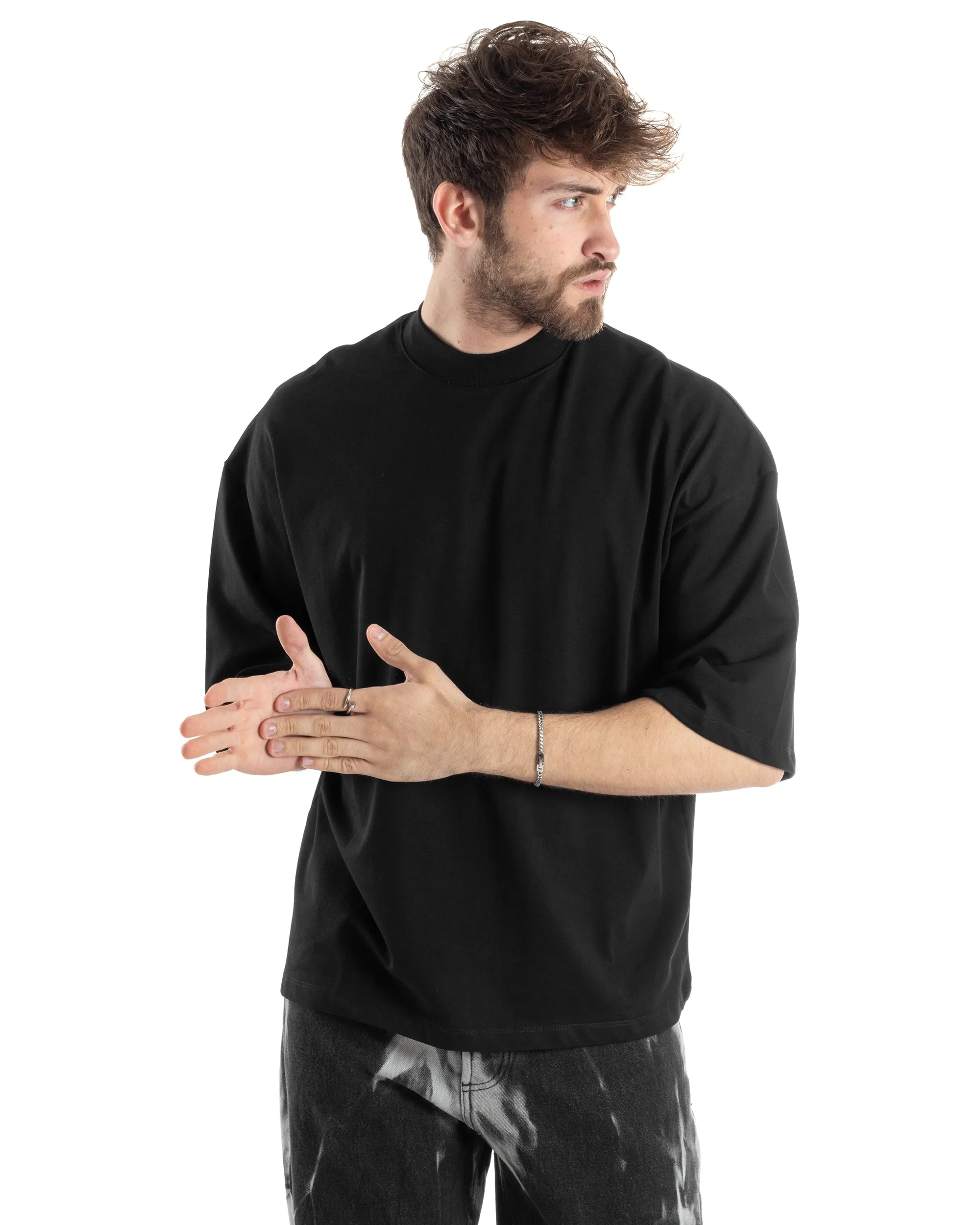 T-shirt Uomo Girocollo Boxy Fit Oversize Cotone Spalla Scesa Gola Alta Casual Basic Nero GIOSAL-TS3023A