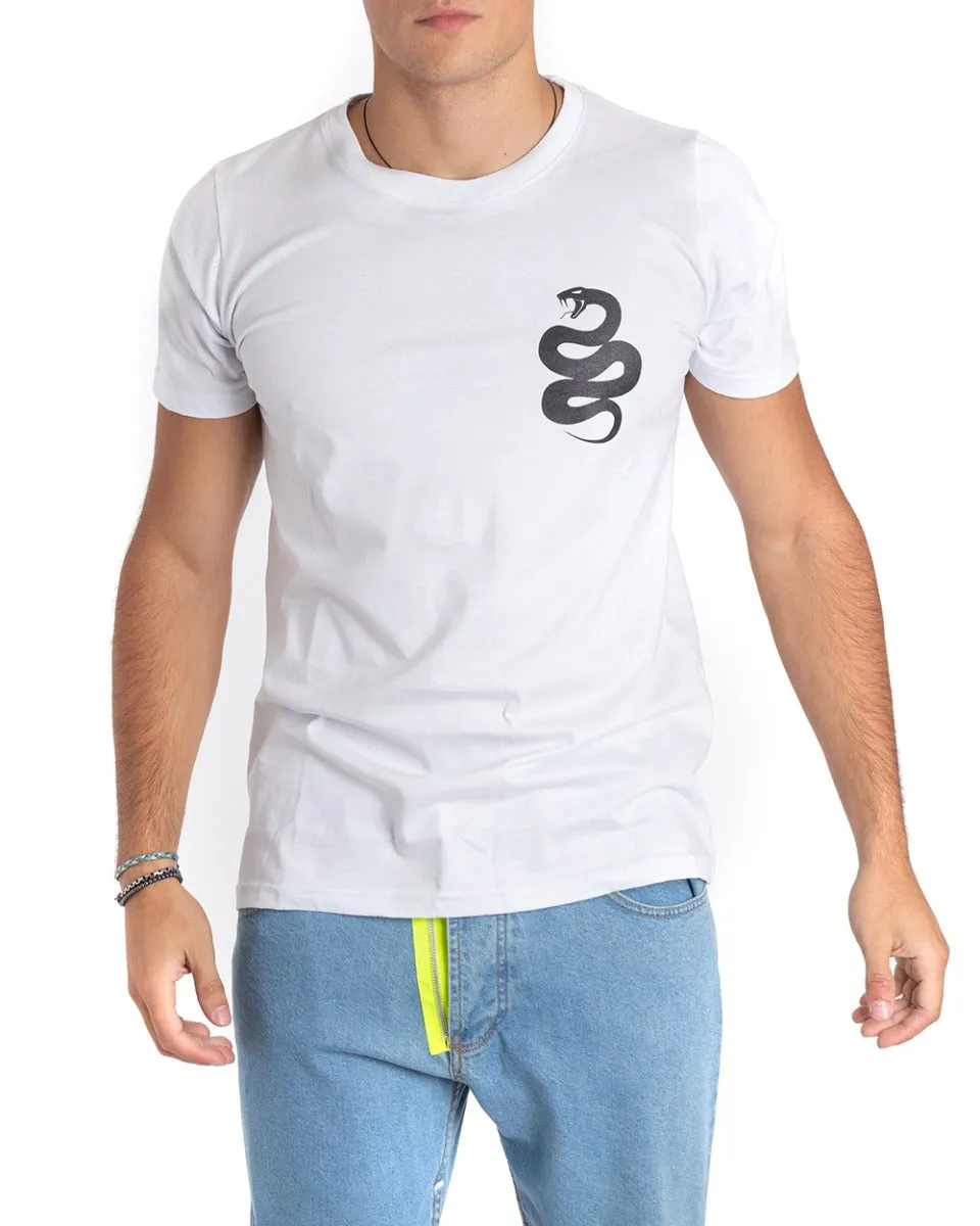 T-Shirt Uomo Girocollo Stampa Serpente Bianca Cotone GIOSAL TS2657A