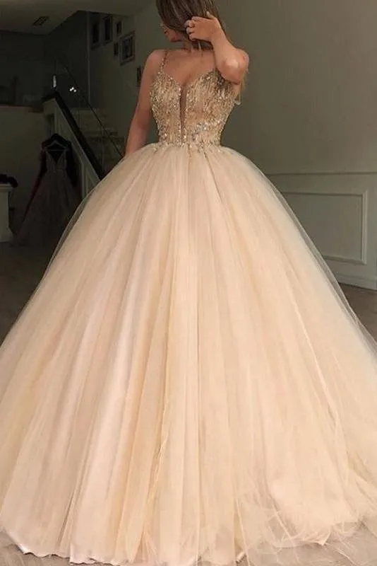 Unique Spaghetti Straps V Neck Beads Ball Gown Tulle Prom Dresses Quinceanera Dresses