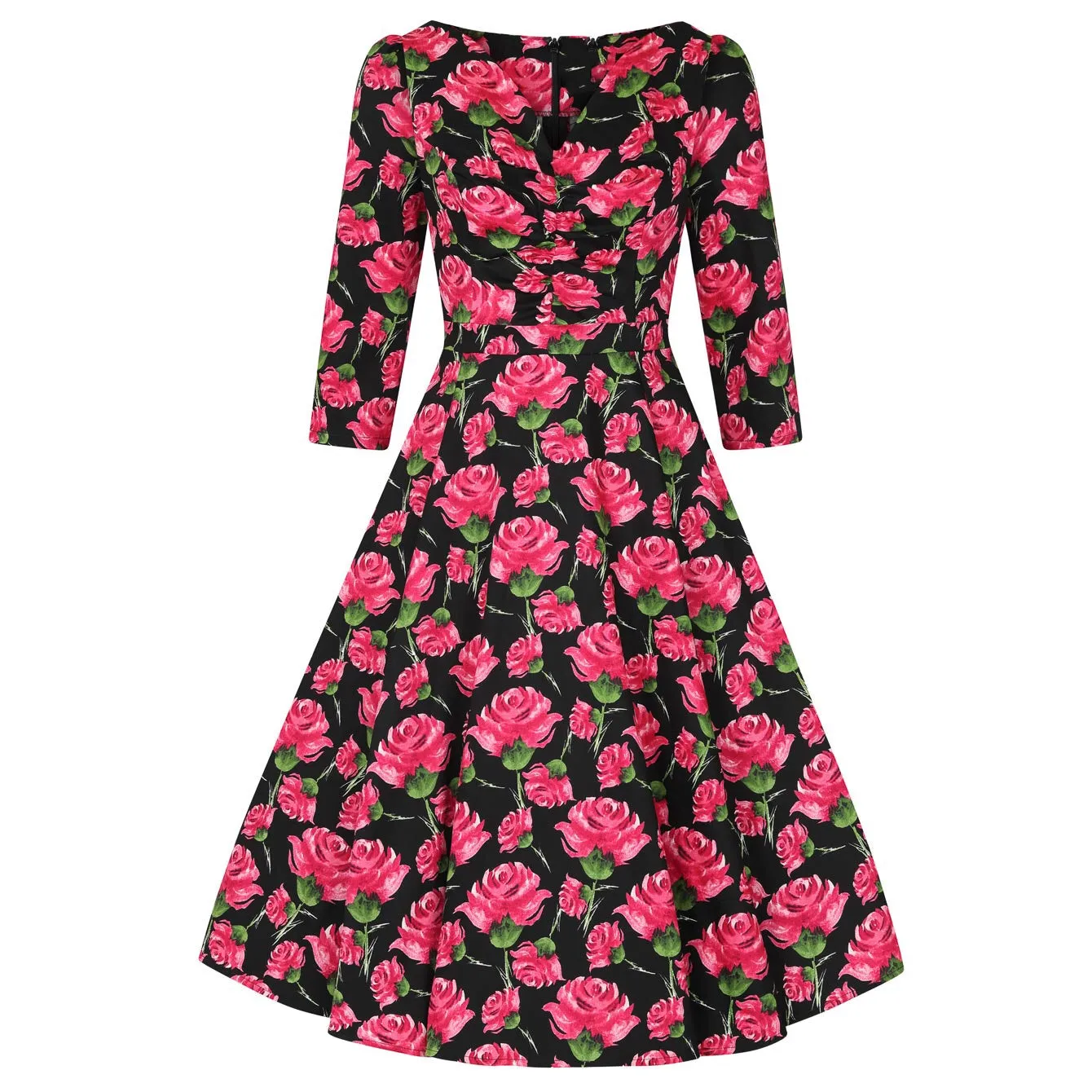 Vintage Black Red Rose Floral Print 3/4 Sleeve 50s Swing Dress