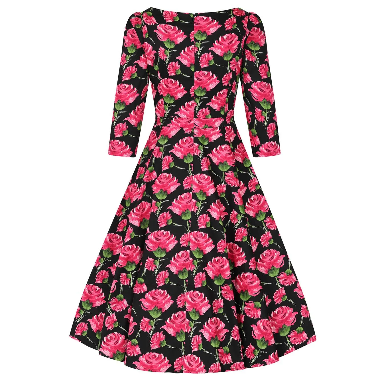 Vintage Black Red Rose Floral Print 3/4 Sleeve 50s Swing Dress